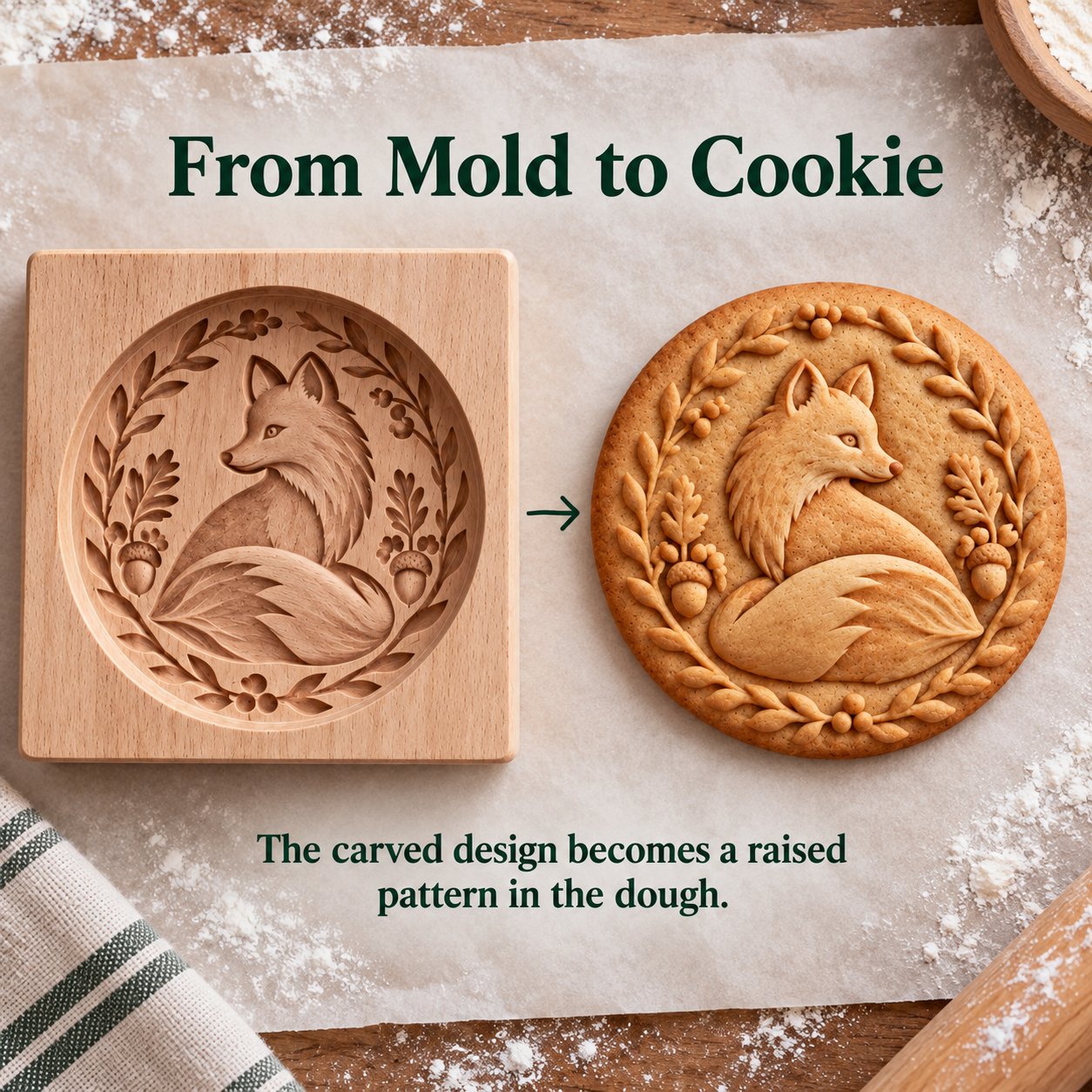 From wooden fox mold to matching embossed cookie