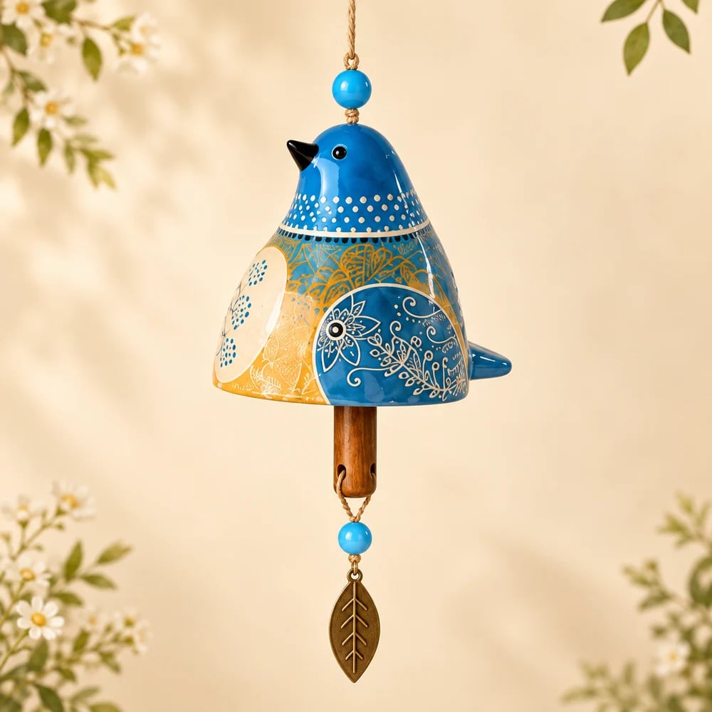 Blue bird wind chime with floral wing patterns, colorful beads, a hanging loop and a leaf-shaped pendant.
