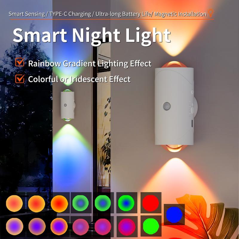 Smart Rechargeable LED Night Light with Motion Sensor – RGB Gradient Ambient Lighting, Dimmable Wall Lamp, Magnetic & Stick-On Design, USB Convenient Charging, Long-Lasting Battery, Perfect for Halloween Decor, Bedroom, Stairs, Hallway & Entryway