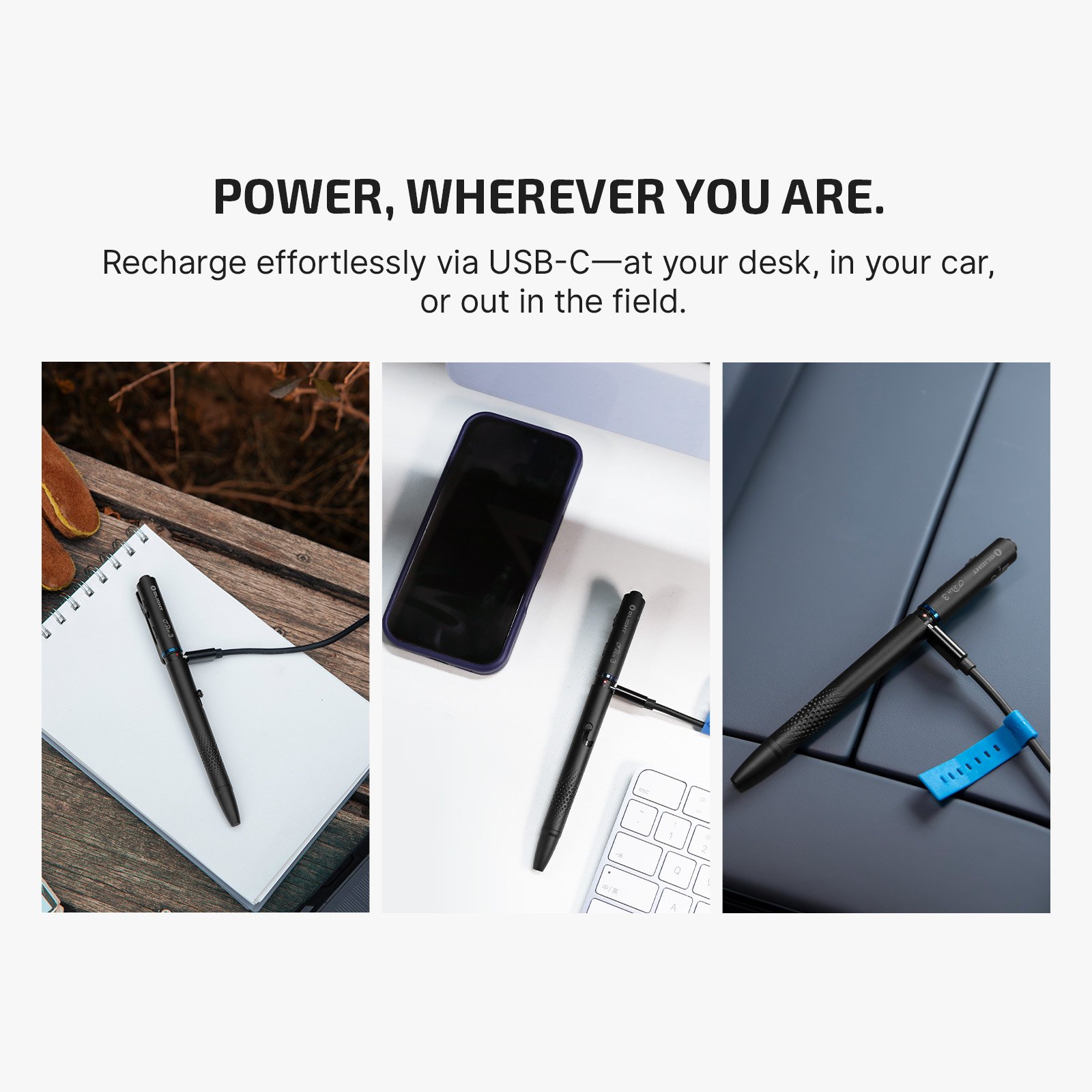 Black pen charging with USB-C cable in three different settings: outdoors on a notebook, on a desk next to a phone and keyboard, and in a car with blue cable tie