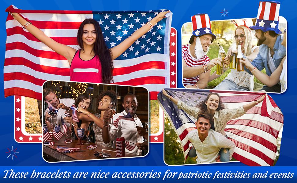 24/48 Pcs USA 250th Anniversary Flag Bracelet National Flag Independence Day Accessaries 4th of July Wristband for Women Men Teens Bulk Red White and Blue Patriotic Gifts for 4th of July American Summer Party Favors Event Parade Historical Celebration