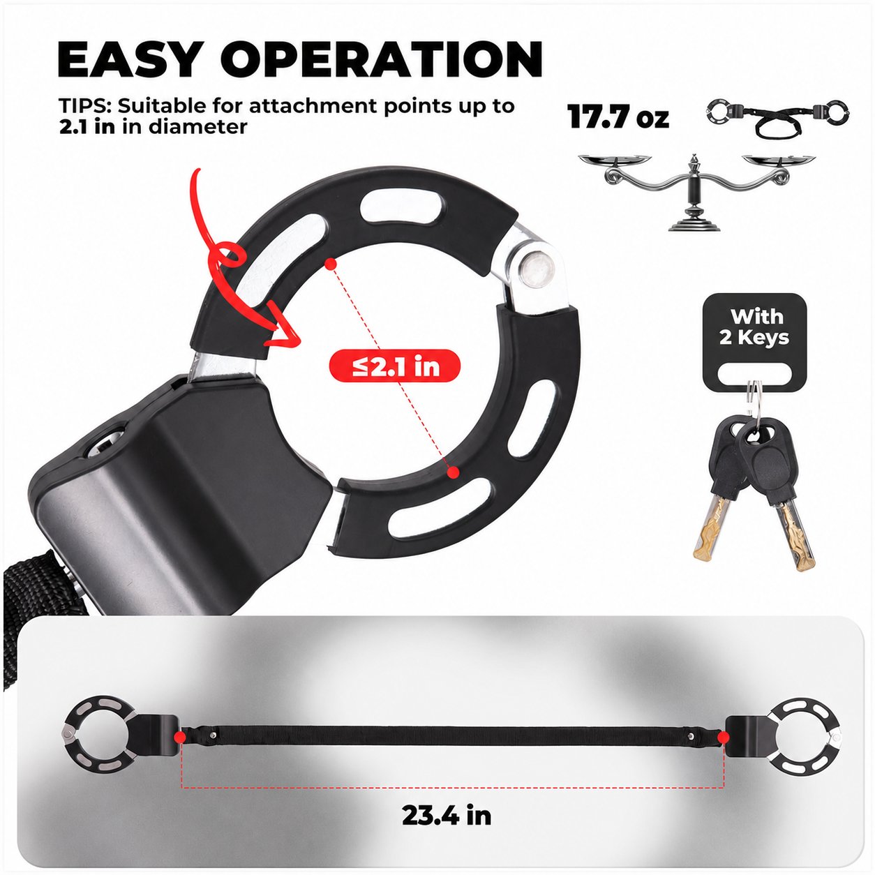 Dual-cuff lock dimensions and included keys