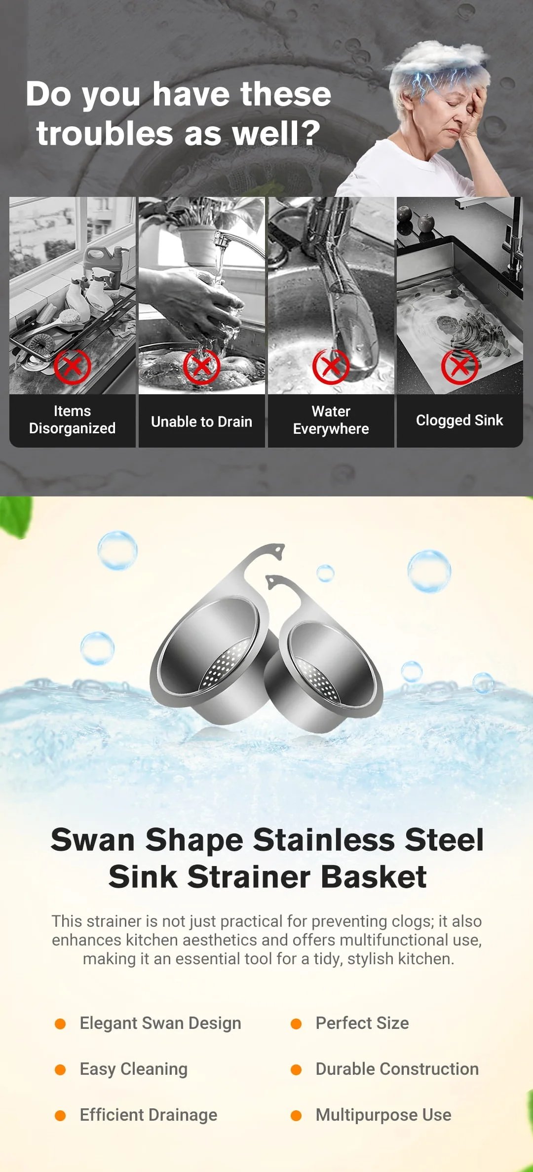 Close-up of Stainless Steel Swan Sink Strainer Basket