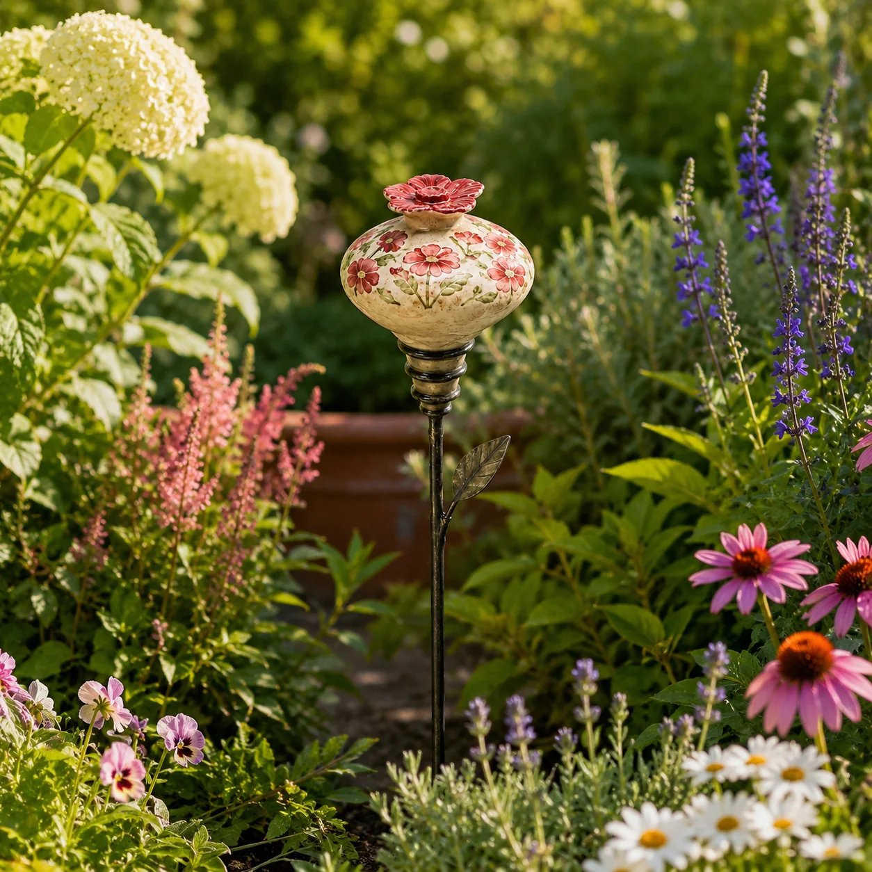 Red Floral Pattern ceramic hummingbird feeder
