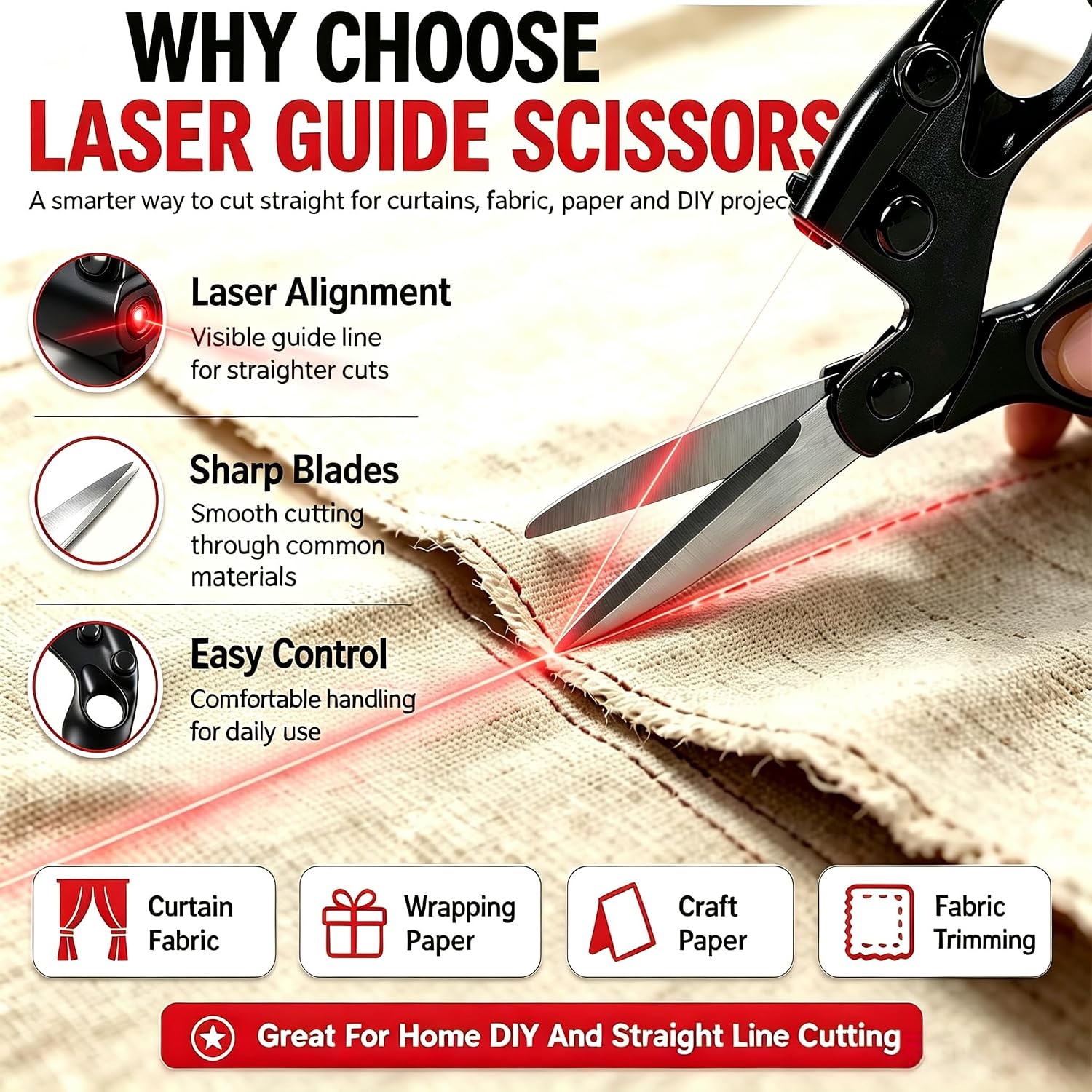 Close-up of scissors showing laser alignment, steel blades and handle design