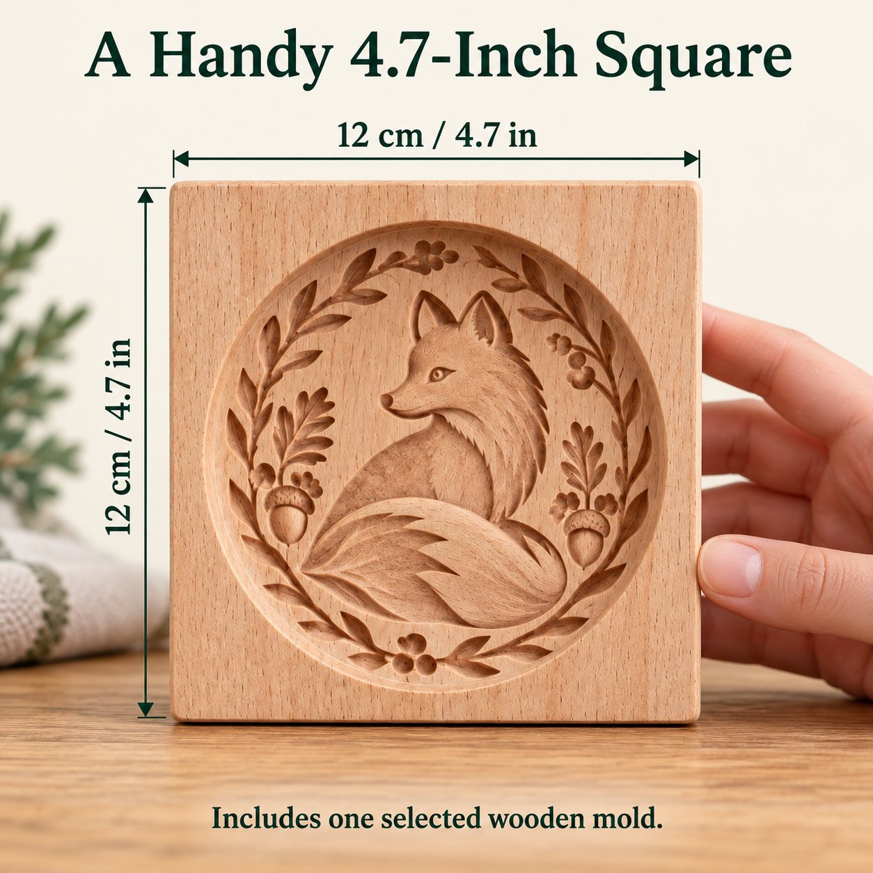 Fox wooden cookie mold dimensions, approximately 12 by 12 centimeters or 4.7 by 4.7 inches