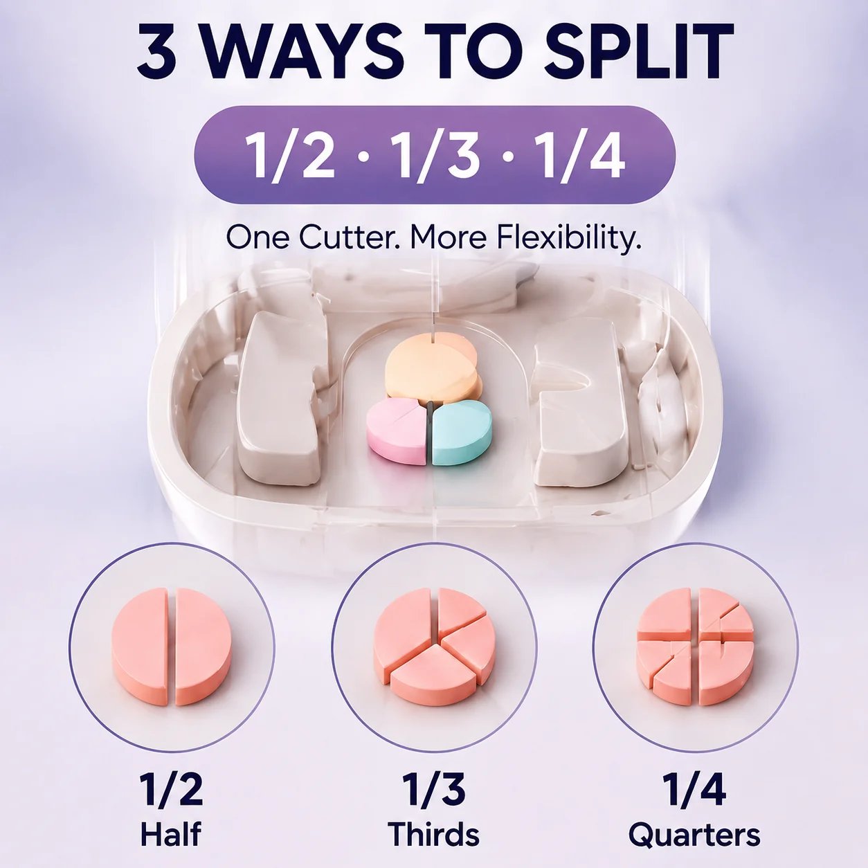 Multi-size pill cutting slots for halves thirds and quarters