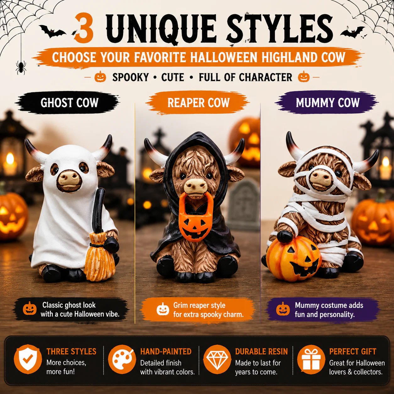 Three Halloween Highland Cow Figurine Styles