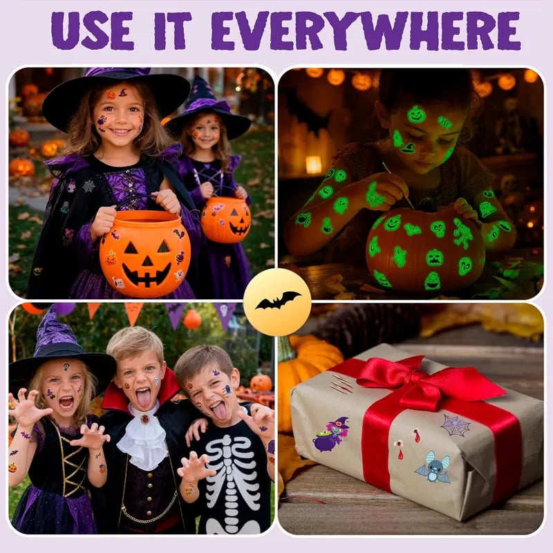 Halloween temporary tattoo mega pack with 306 colorful and glow-in-the-dark designs