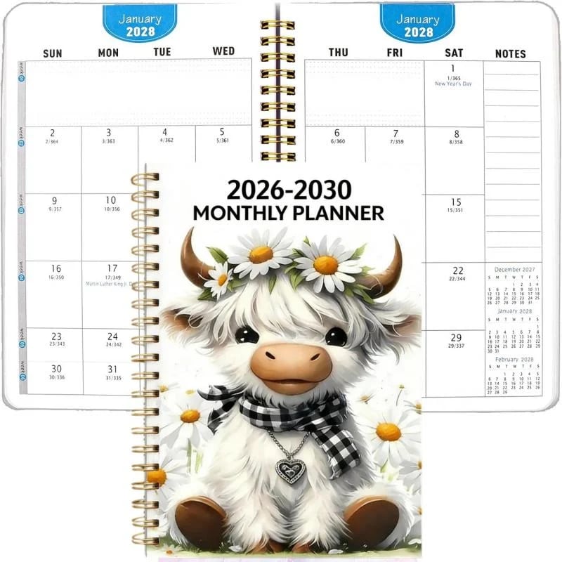 2026 to 2030 Highland Cow monthly planner with open calendar pages