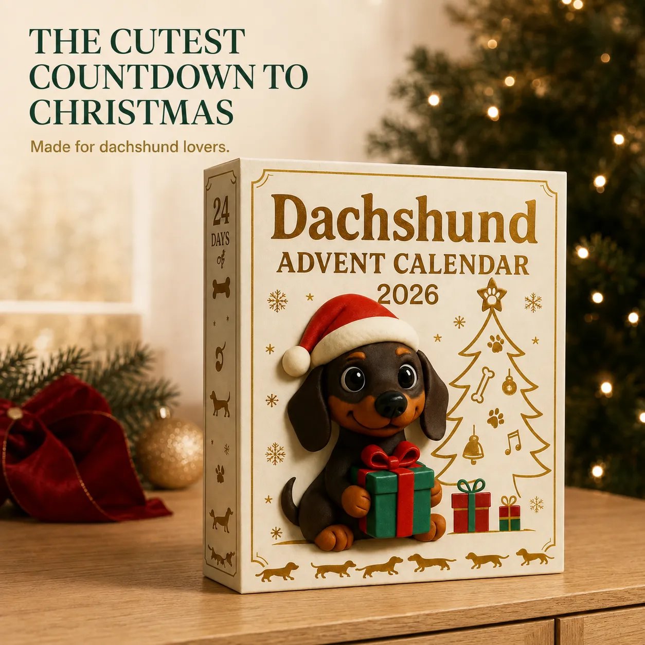 Dachshund Advent Calendar displayed beside a Christmas tree