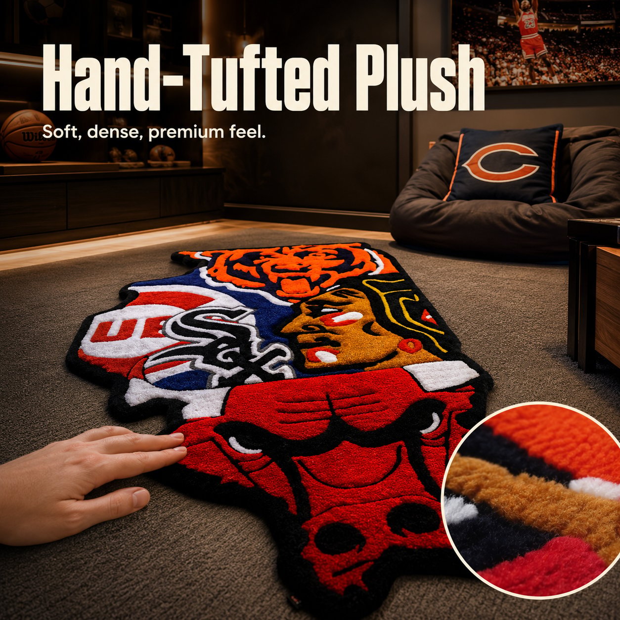 Close-up of plush hand-tufted sports rug texture