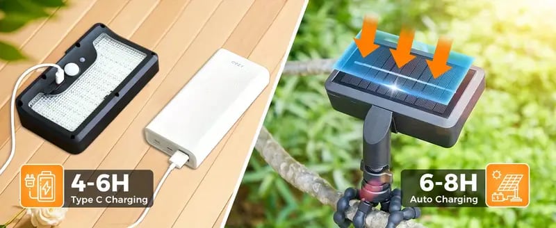 1 2pcs solar motion camping lights ip65 portable solar flood light outdoor dual charging 600lumen 92leds security lights with flexible octopus tripod for camping patio fence garden details 4