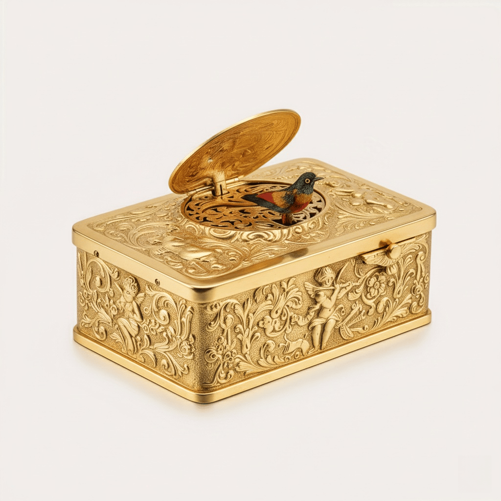 Box open revealing a mechanical bird