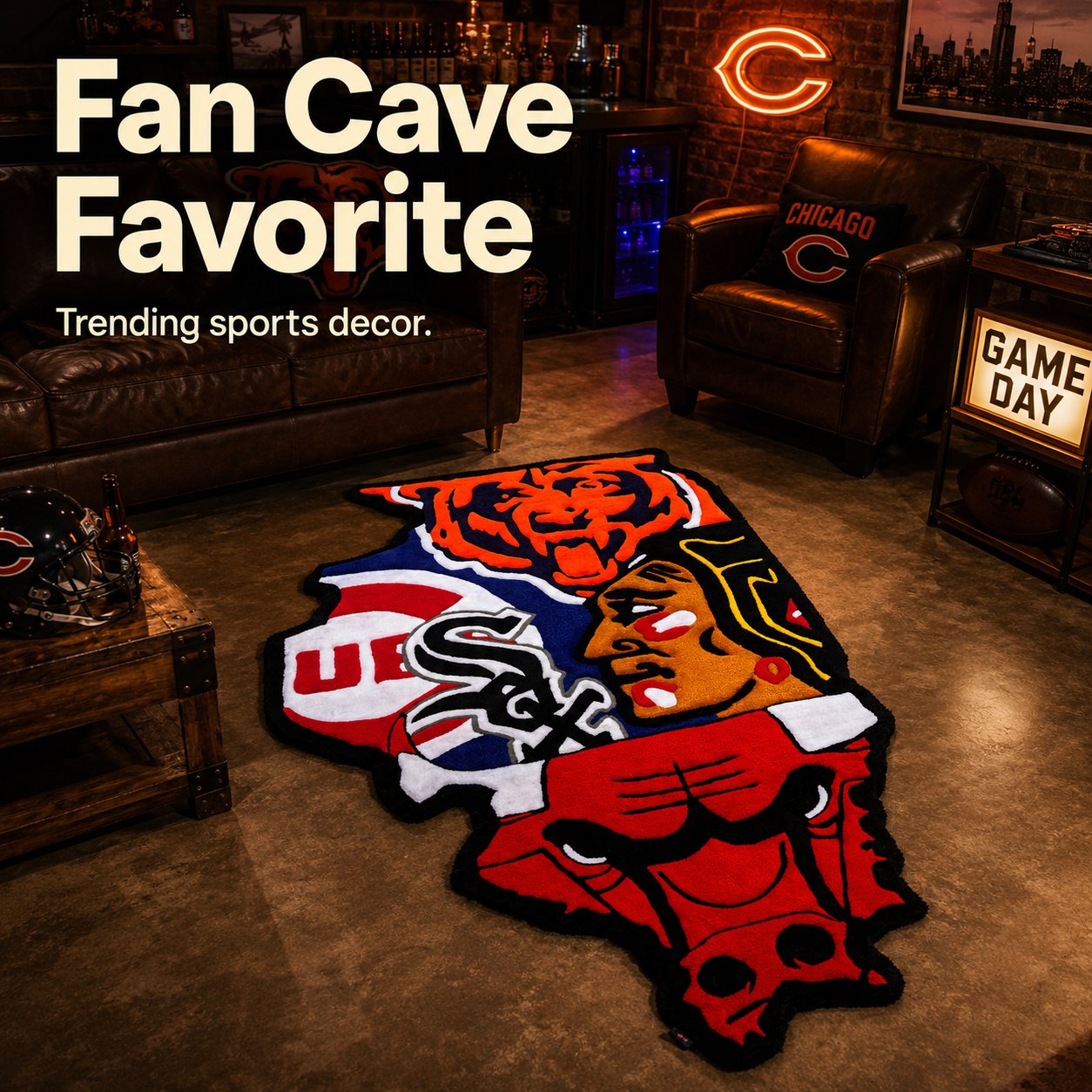 Chicago sports rug displayed in a fan room