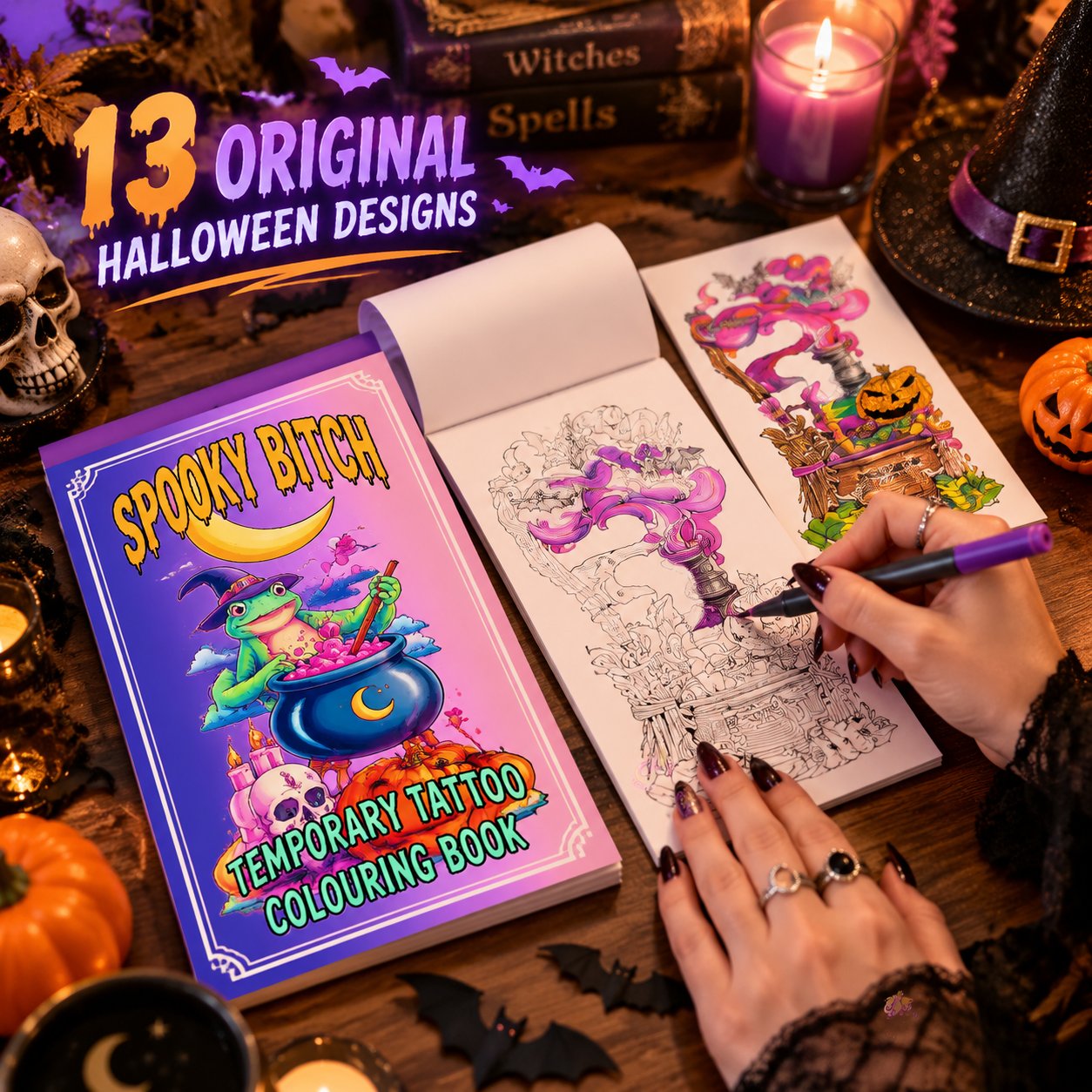 Witchy temporary body art styled for Halloween events and spooky season