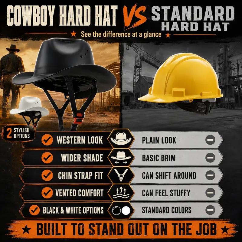 Comparison of cowboy helmet versus standard hard hat