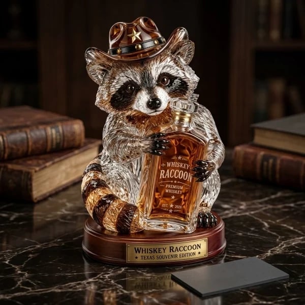 Whiskey raccoon statue displayed with vintage books
