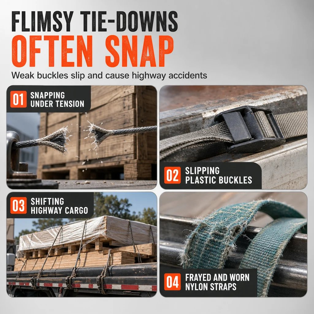 Examples of weak damaged and slipping tie down straps
