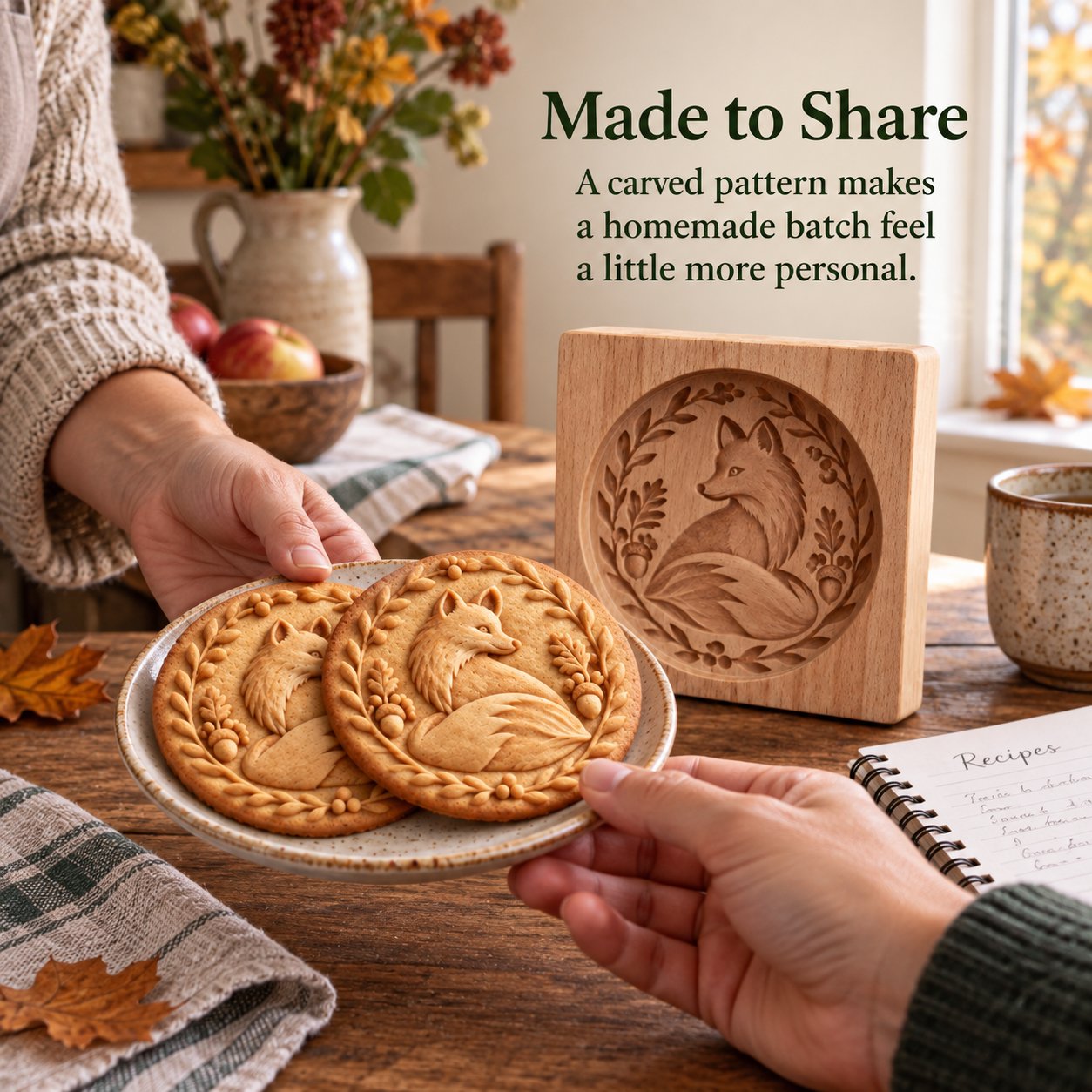 Sharing a plate of embossed fox cookies in a cozy kitchen