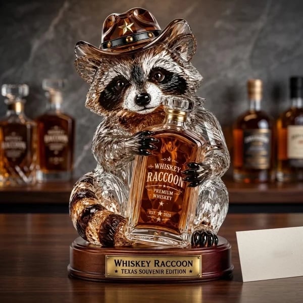 Cowboy whiskey raccoon crystal-style statue displayed on a bar