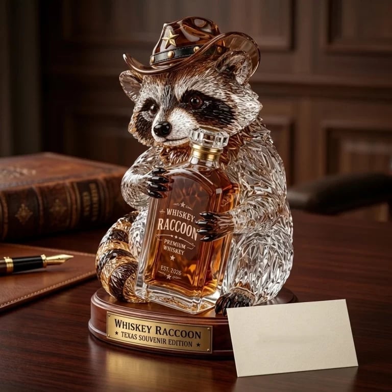 Western whiskey raccoon collectible displayed on an office desk