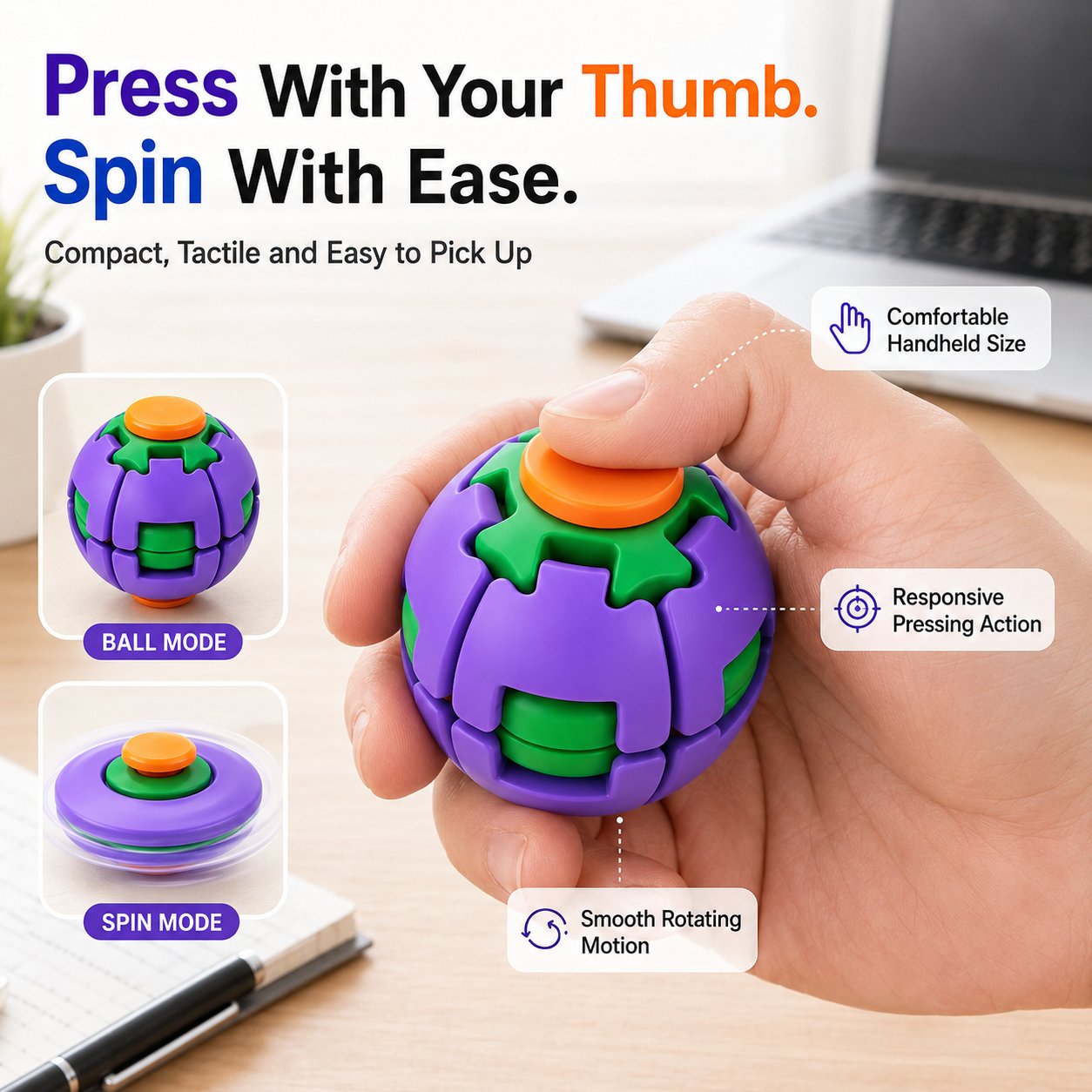 Layered mechanical movement of the press-to-spin fidget toy