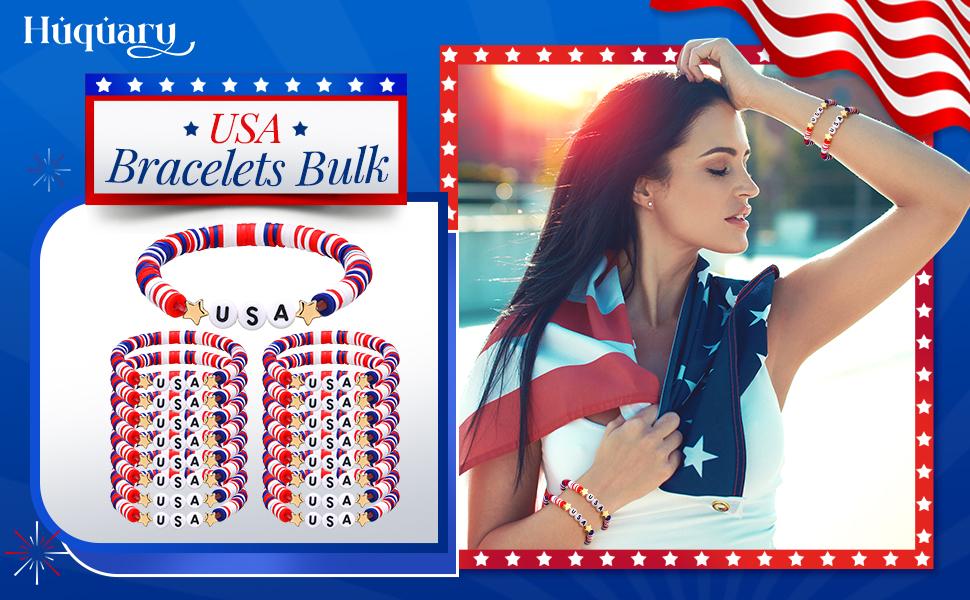 24/48 Pcs USA 250th Anniversary Flag Bracelet National Flag Independence Day Accessaries 4th of July Wristband for Women Men Teens Bulk Red White and Blue Patriotic Gifts for 4th of July American Summer Party Favors Event Parade Historical Celebration