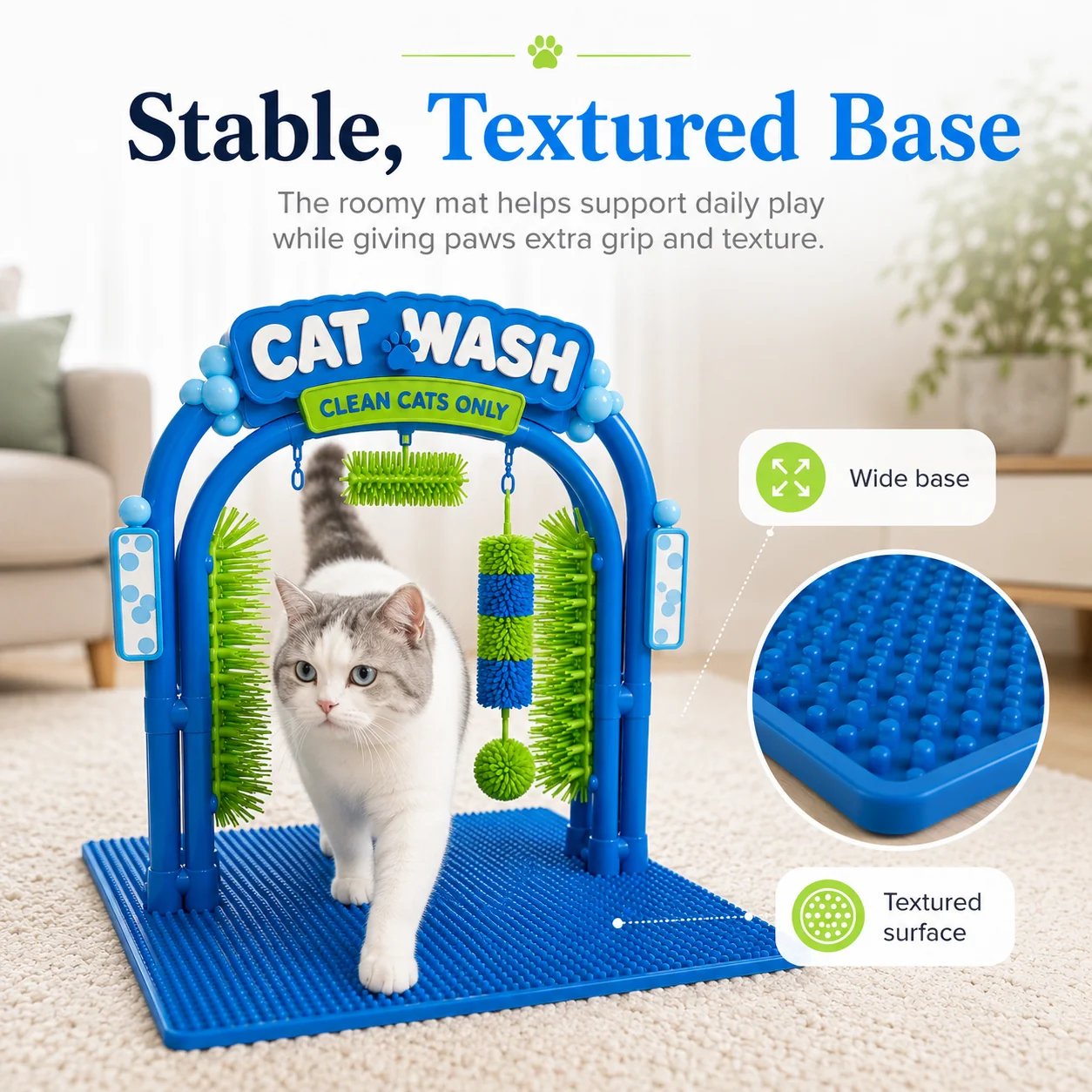 White cat walking across wide textured blue grooming station base